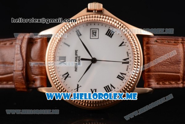 Patek Philippe Calatrava Miyota 9015 Automatic Rose Gold Case with White Dial Brown Leather Strap and Roman Numeral Markers - Click Image to Close